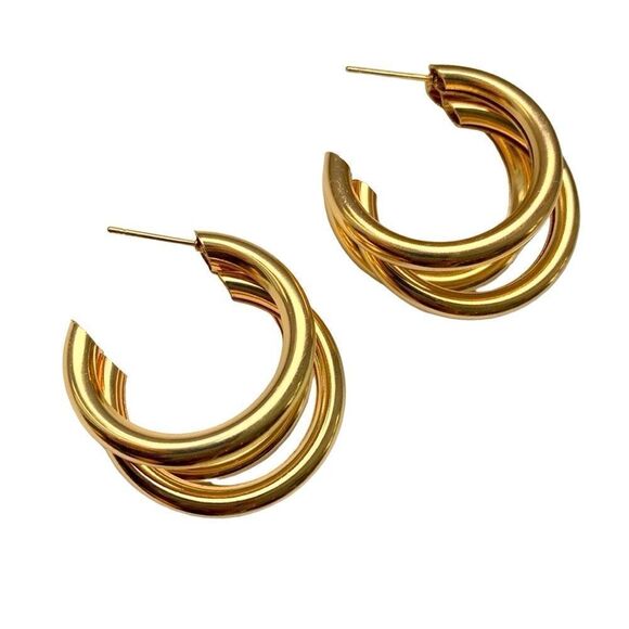 Hollow Triple Hoop 14k Gold Plated Earrings Tri Hoop Earrings  *NEW - Picture 1 of 9